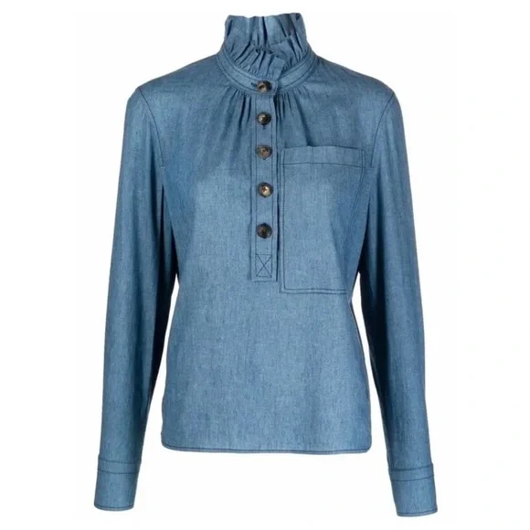 TORY BURCH Linen Cotton Chambray Ruffle High Neck Long Sleeve Pocket Blouse 10‎ - Picture 11 of 11
